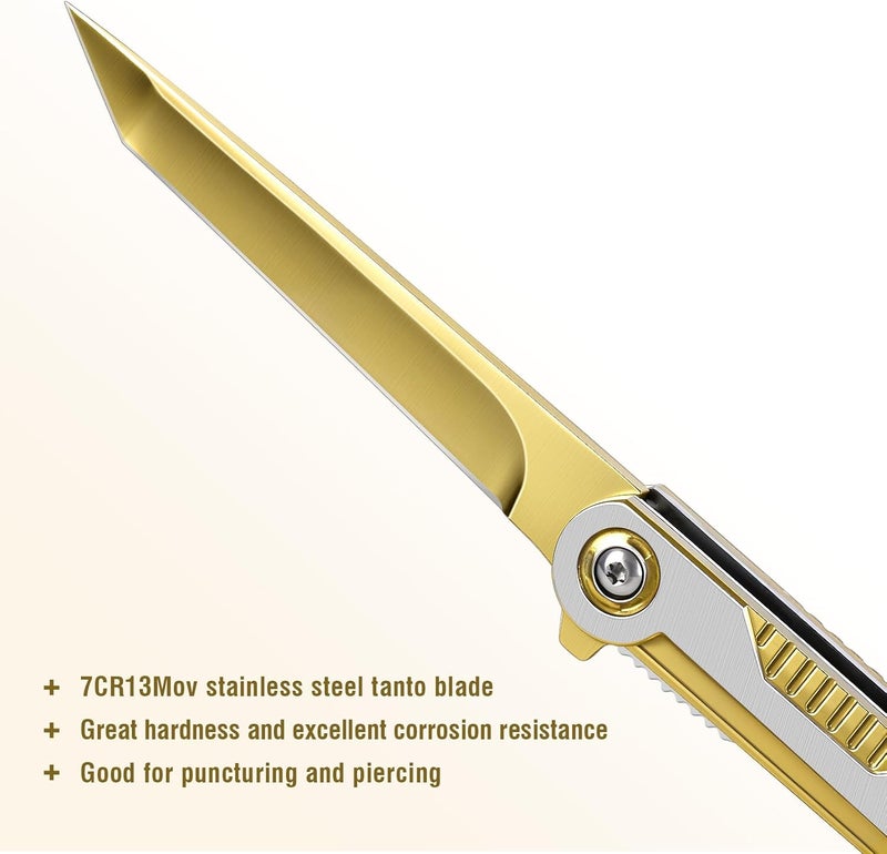 FUNBRO Cool Pocket Knife Gifts for Men, EDC Tanto Blade Folding Knives with Clip, Flipper Open Survival Knife with Window Breaker and Liner Lock for Outdoor Camping (Gold) - Image 2